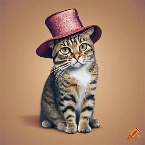 Tabby Cat Wearing A Hat And Sitting