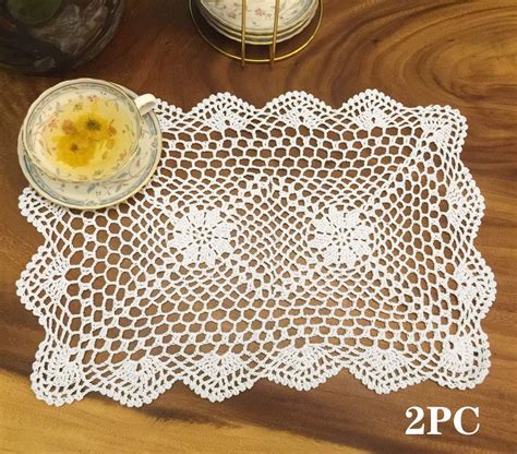 Janef White Handmade Crochet Doilies Cotton Table Mats Lace Doilies Doily Rectangle