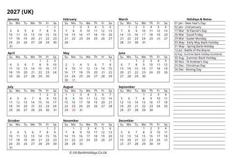 2027 UK Calendar Printable In Word PDF Excel