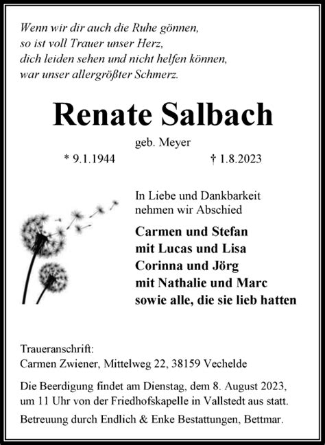 Traueranzeigen Von Renate Salbach Trauer De