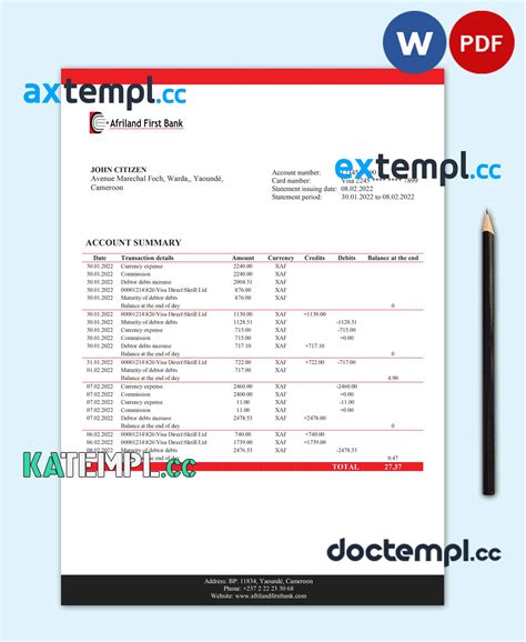 Sample Cameroon Afriland First Bank Statement Word And Pdf Template