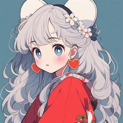 Chica De Anime Con El Pelo Largo Y Blanco Que Lleva Un Kimono Rojo