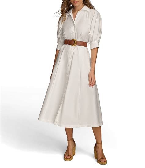 Donna Karan 3 4 Sleeve Collared Neck Belted Pocketed Sateen Midi Dress