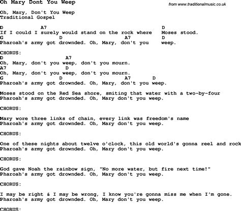 Traditional Song Oh Mary Dont You Weep with Chords, Tabs and Lyrics