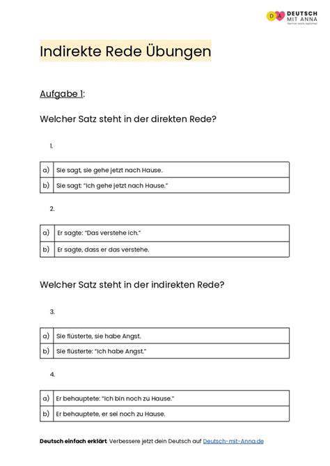 Indirekte Rede Übungen mit Lösungen A1 B2 PDF