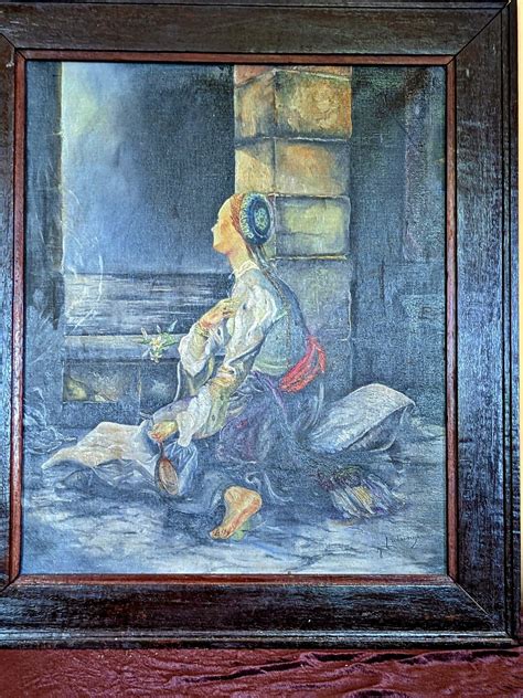 Antique Oil Painting Seated Woman Oriental Style Signed Mahogany