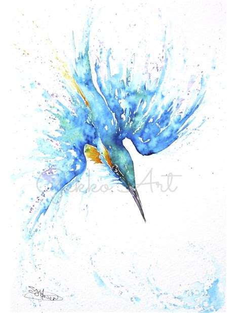 Kingfisher Diving Watercolour Print Wildlife Artist Sandi Mower