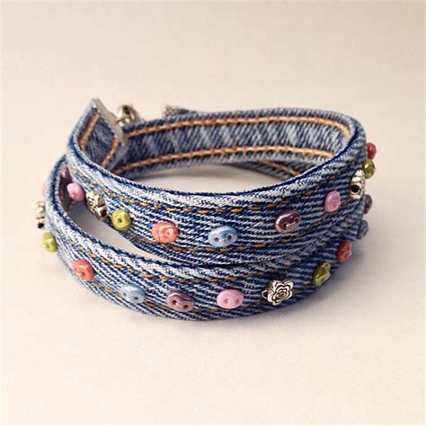 Denim Beaded Cuff Bracelet Double Wrap Around By EverydayWomen