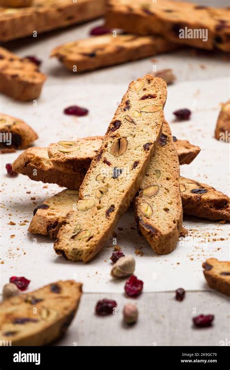 Homemade Crunchy Biscotti Cookie Stack With Cranberry And Pistachio