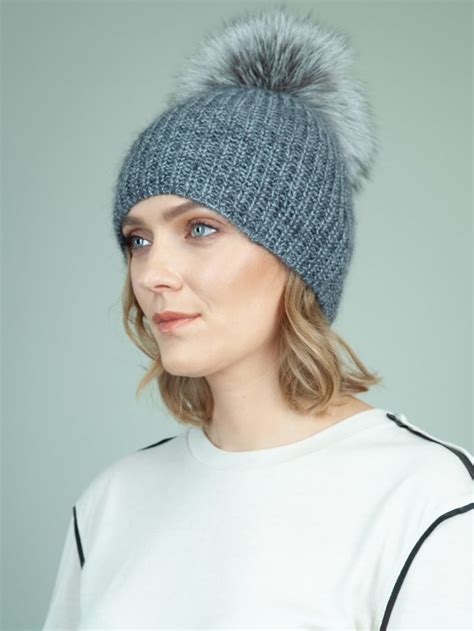 Handknit Gray Merino And Mohair Wool Hat With Detachable Fox Fur Pom Pom