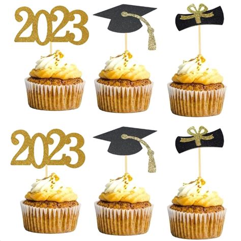 48pcs 2023 Year Gold Graduation Cupcake Toppers Food Decorgraduation