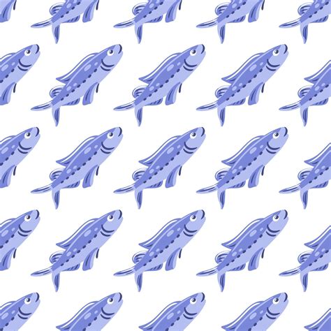 seamless symmetrical diagonal pattern features a variety of blue fish