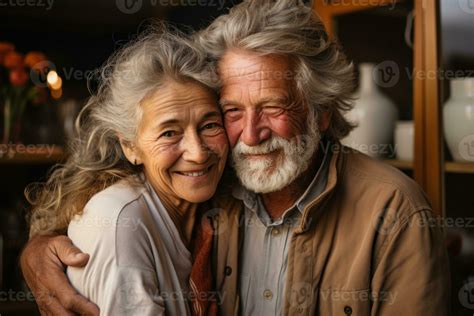 AI generated Old couple sharing a heartwarming embrace, diverse active