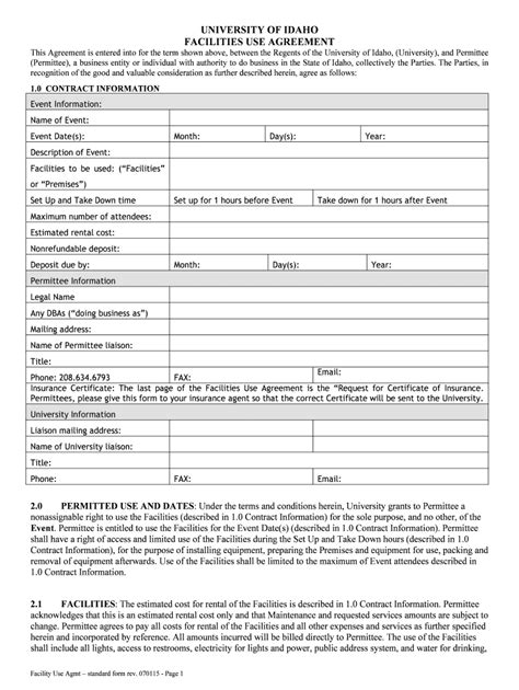 Fillable Online Facilities Use Agreement University Of Idaho Fax