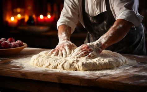 Premium Ai Image A Person Kneading Dough On Top Of A Wooden Table Ai