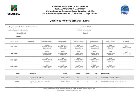 PDF Quadro de horários semanal turma UDESC CEAVI Código