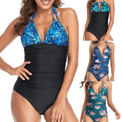 MAILLOT DE BAIN Sexy Bikini Backless Col V Cou Sétaire Dame Bandage Plissé Monokini style Blue