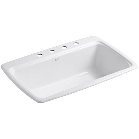 KOHLER Cape Dory Drop-In Cast Iron 33 in. 4-Hole Single Bowl Kitchen Sink in White-K-5863-4-0 ...