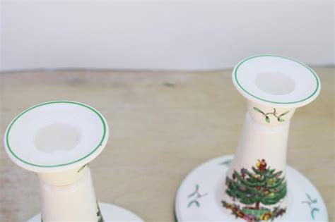 Pair Of Candlesticks Vintage Spode England Christmas Tree Pattern