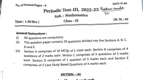 Class 9 Maths Pt 3 2022 23 Question Paper Of Periodic Test 3 For