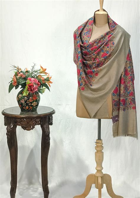 Fawn Pure Pashmina Shawl With Papier Mache Jama Hand Embroidery Angad