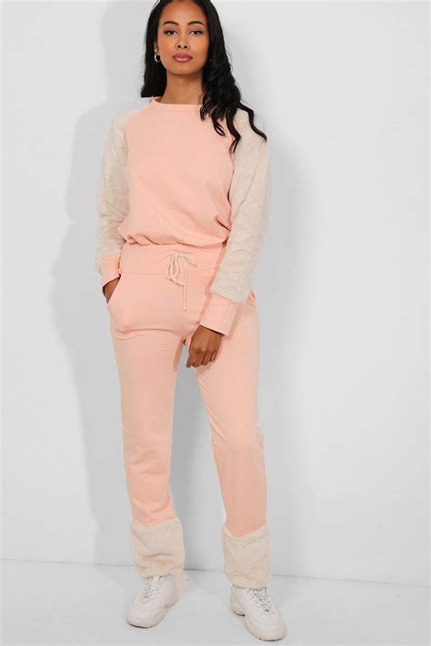 Peach Faux Fur Details Lounge Tracksuit Singleprice