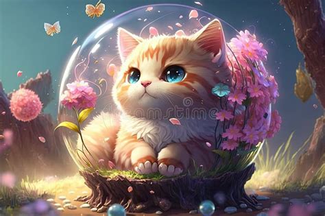 Illustration of a Cute Fluffy Kitten with Flowers. Magic Spring Stock ...