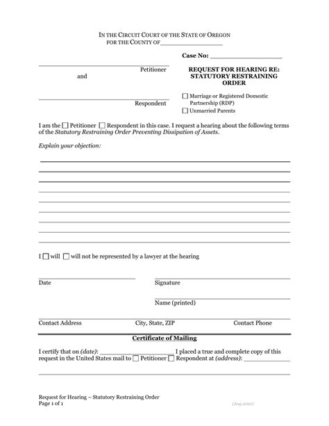 Oregon Request For Hearing Re Statutory Restraining Order Fill Out