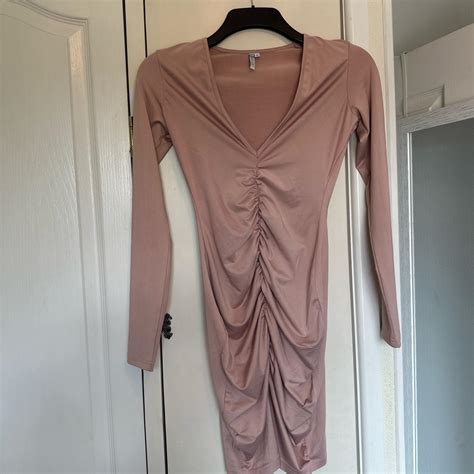 Oh Polly Pink Nude Bodycon Long Sleeve Dress Worn Depop