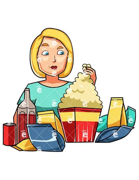 Woman Surrounded By Snacks And Sodas Cartoon Vector Clipart