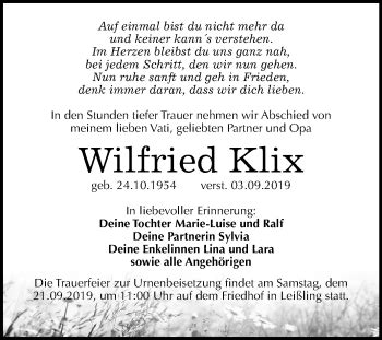 Traueranzeigen Von Wilfried Klix Abschied Nehmen De