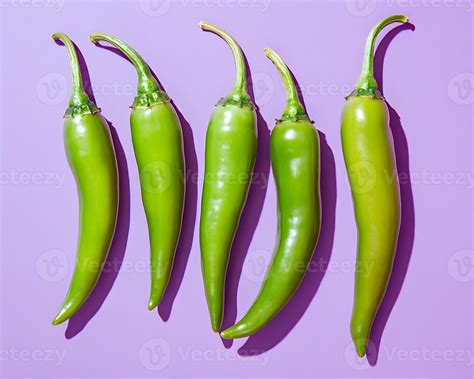 green chili peppers  purple background  stock photo