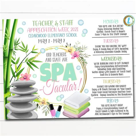 Spa Theme Teacher Appreciation Week Itinerary Poster Digital Week