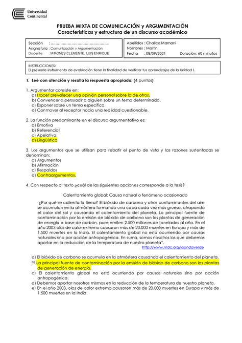 Evaluación Consolidado 1 Prueba Mixta De ComunicaciÓn Y ArgumentaciÓn