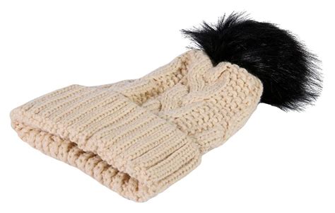 Yacht And Smith Womens Beige Cable Knit Pom Pom Beanie Hat Winter