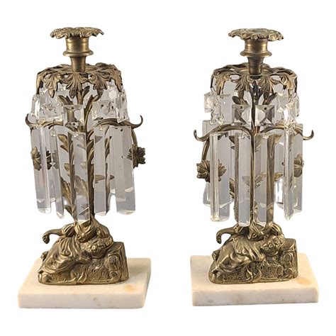 Pair Antique Late 19th Century Victorian Candlesticks Girandole Ornate Brass Figural Crystal