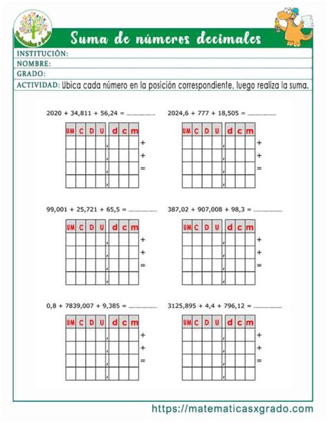 Fichas Con Ejercicios De Sumas Con Punto Decimal