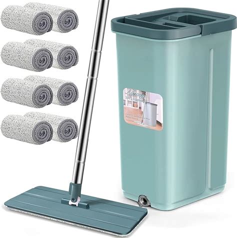 Aifacay Floor Mop And Bucket Set Hands Free Squeeze Flat Mop Bucket System 8 Reusable