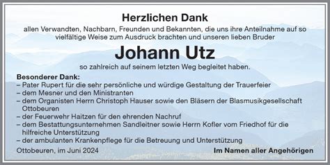 Traueranzeigen Von Johann Utz Augsburger Allgemeine Zeitung