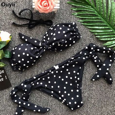 Sexy Bandeau Conjunto De Biquíni Dot Print Tie Lado Maiô Bandagem