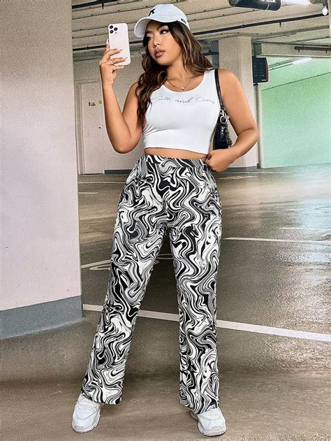 Shein Ezwear Plus Marble Print Flare Leg Trousers Shein Uk