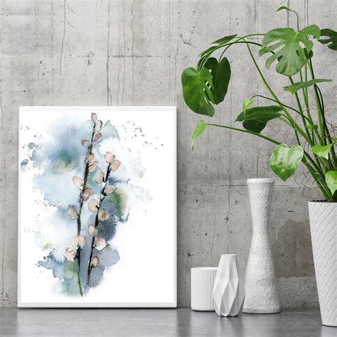 Willow Branch Wall Art Print Botanical Grey Blue Fine Art | Etsy