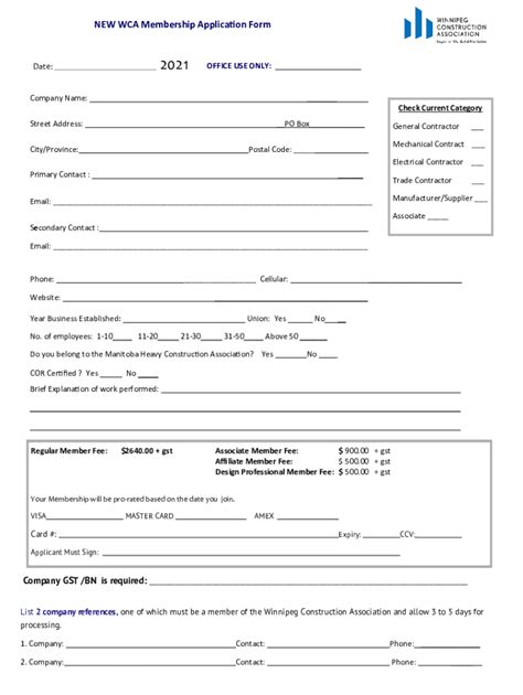 Fillable Online NEW WCA Membership Application Form Fax Email Print