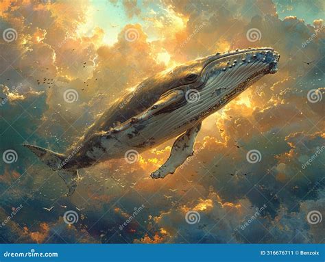 Whale Soaring Through A Cloud Filled Sky Stock Image Image Of Dreamy