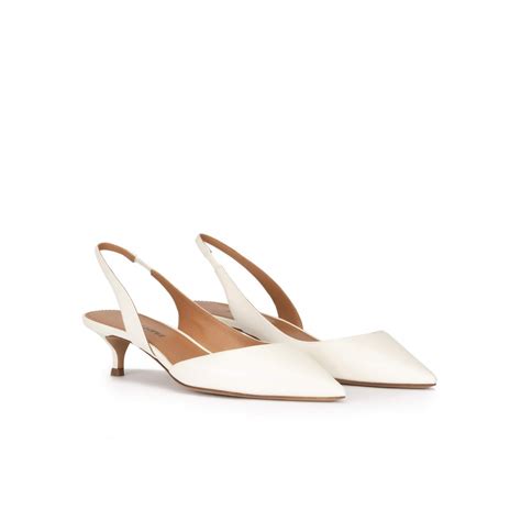 Slingback Kitten Heel Pumps In Off White Leather Pura Lopez