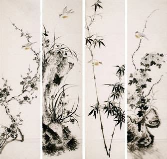 Page 4 Chinese Four Screen of Flowers and Birds Paintings, Four ...