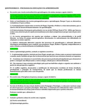 Question Rio I Psicologia Da Educa O E Da Aprendizagem Question