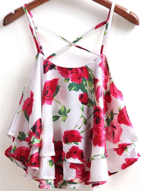 Rwhite Spaghetti Strap Rose Pint Ruffle Cami Top Fancy Tops Trendy