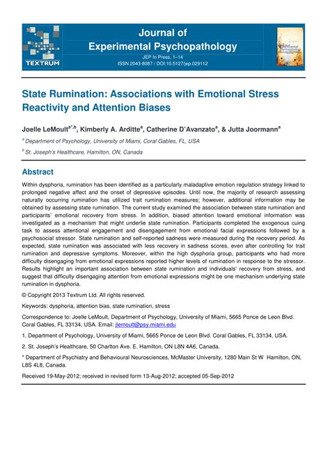 Pdf State Rumination Associations With Emotional Stress Reactivity