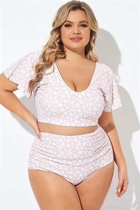Floral Print V Neck Flutter Sleeve Bikini Top Meet Curve Meet Curve